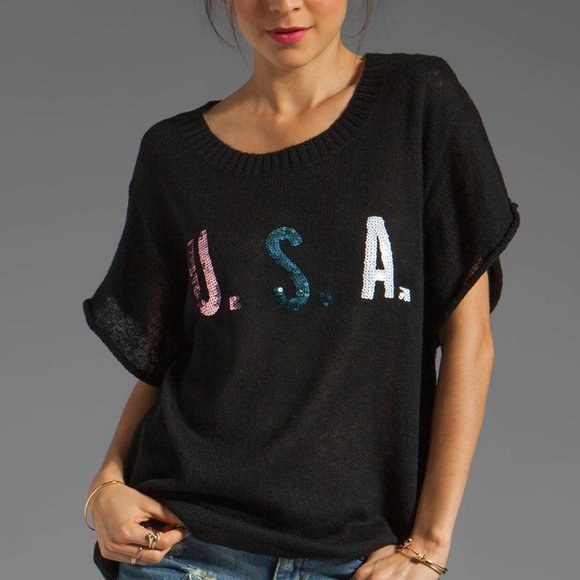 Wildfox USA Lake House Sequin Tee, Black, XS - Picture 1 of 5